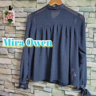 Mila Owen - Mila Owenミラオーウェン☆くすんだブルー 袖リボン ドット柄 size０