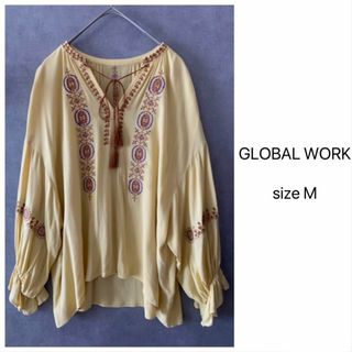 グローバルワーク(GLOBAL WORK)の古着★GLOBAL WORK 刺繍ブラウス くすみイエロー ボヘミアン(カットソー(長袖/七分))