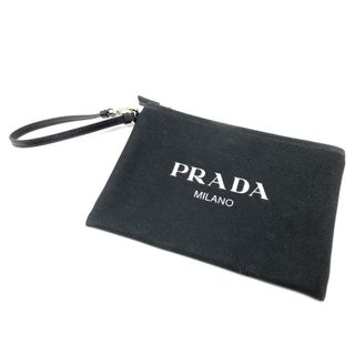 プラダ(PRADA)のプラダ PRADA ロゴ フラップ ストラップ ポーチ キャンバス ブラック 美品(ポーチ)