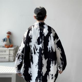 人気です！モード　韓国　柄シャツ　黒白　個性　XL　メンズ