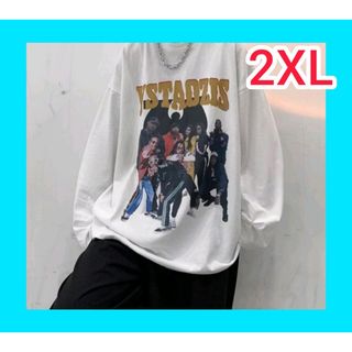 欧米風 Tシャツ メンズ 長袖 2XL 白 ゆったり(Tシャツ/カットソー(七分/長袖))