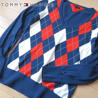 トミーヒルフィガー(TOMMY HILFIGER)の美品 M トミーヒルフィガー メンズ アーガイル柄ニット ブルー(ニット/セーター)