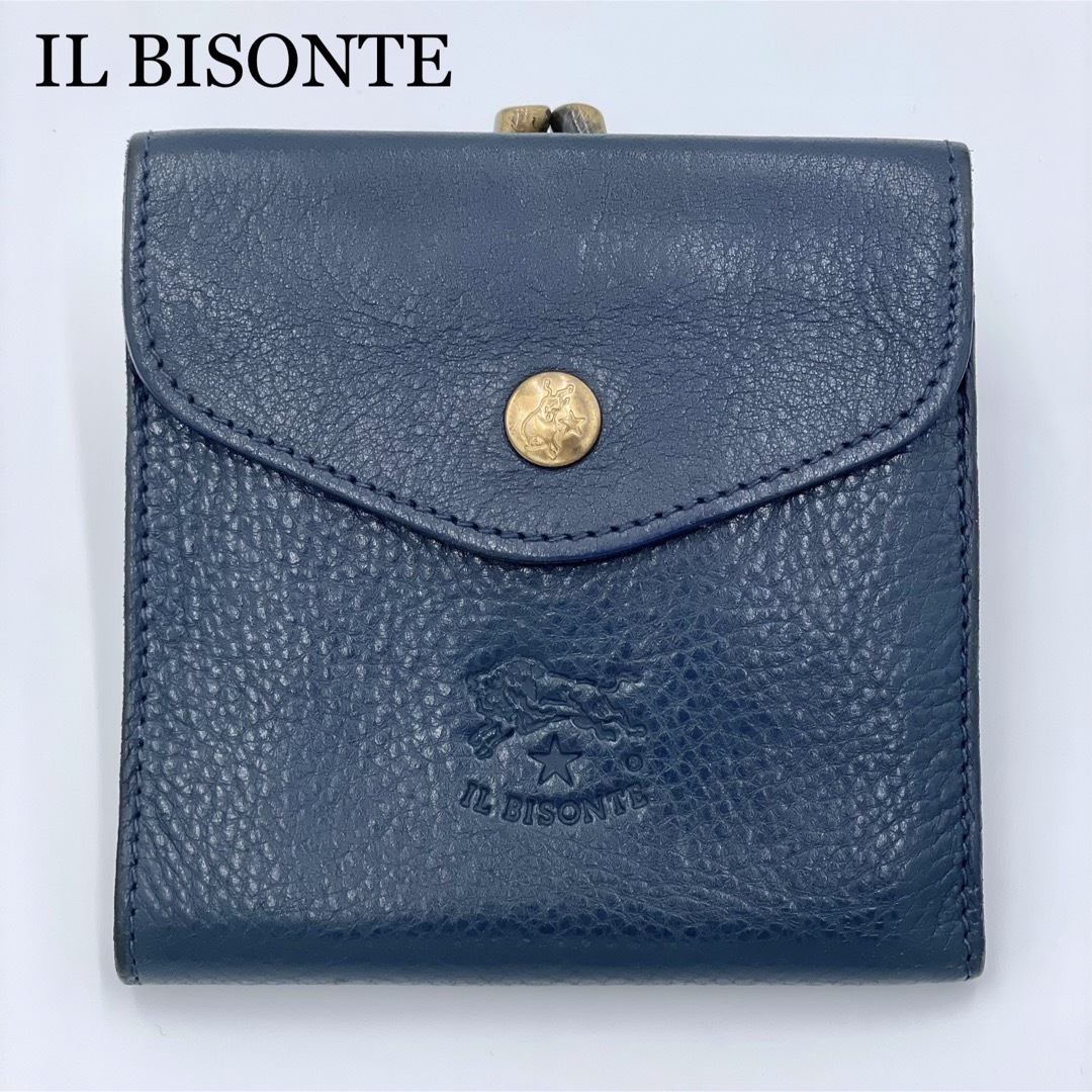 IL BISONTE(イルビゾンテ)の大人かわいい美品✨イルビゾンテ　二つ折り財布　がま口　シボ革　ネイビー レディースのファッション小物(財布)の商品写真