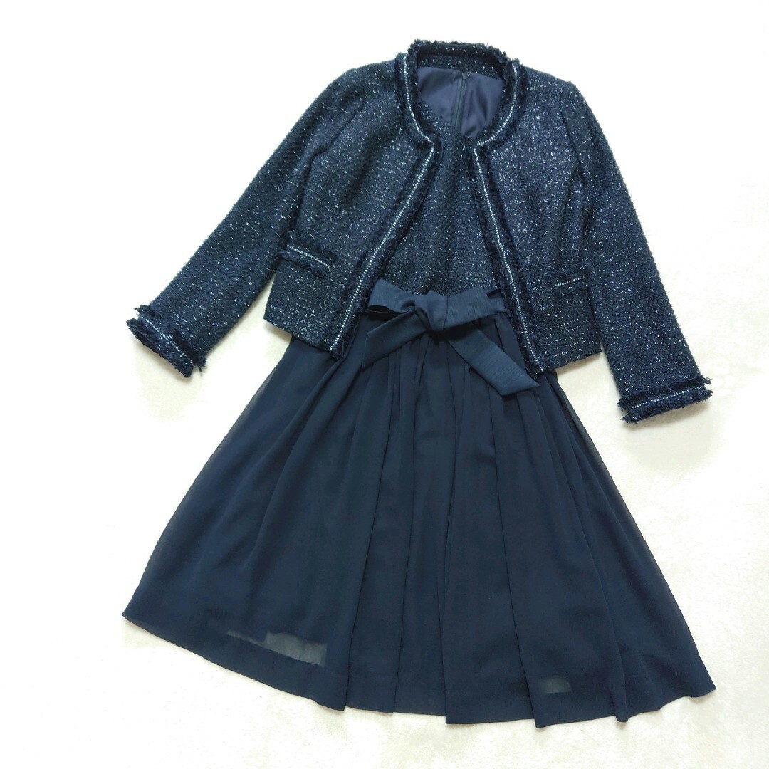 ルイルエブティック　ノーカラーツイードジャケット　シフォンワンピース　紺　美品 レディースのフォーマル/ドレス(スーツ)の商品写真