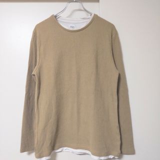 ザラ(ZARA)のザラ ZARA ワッフル 重ね着風長袖Tシャツ カットソー ベージュ 無地(Tシャツ/カットソー(七分/長袖))