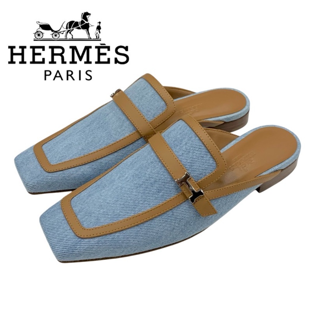 Hermes(エルメス)のエルメス HERMES グルーピー フラットシューズ スリッポン 靴 シューズ デニム レザー ライトブルー ブラウン 未使用 ミュール スリッパサンダル フラットシューズ H金具 レディースの靴/シューズ(ミュール)の商品写真