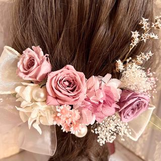 髪飾りウェディング成人式ヘッドドレス♡ピンクローズ薔薇バラ♡ドライフラワーリボン(ヘアピン)