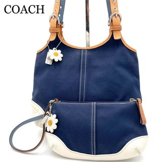 コーチ(COACH)のCOACH コーチ　ハンドバッグ　肩がけ可　キャンバス　レザー　ポーチ付き(ハンドバッグ)