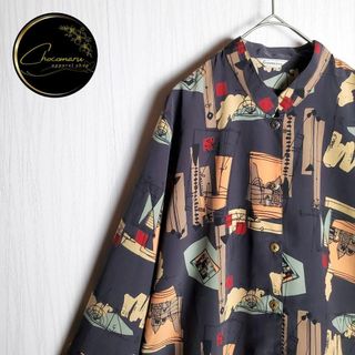 VINTAGE - 総柄シャツ ダークカラー 長袖 バンドカラー アート柄 金ボタン Lサイズ 古着