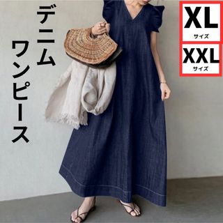 カジュアル　デニム　韓国　ロング丈　マキシ丈　ロングワンピース　XL XXL (ロングワンピース/マキシワンピース)