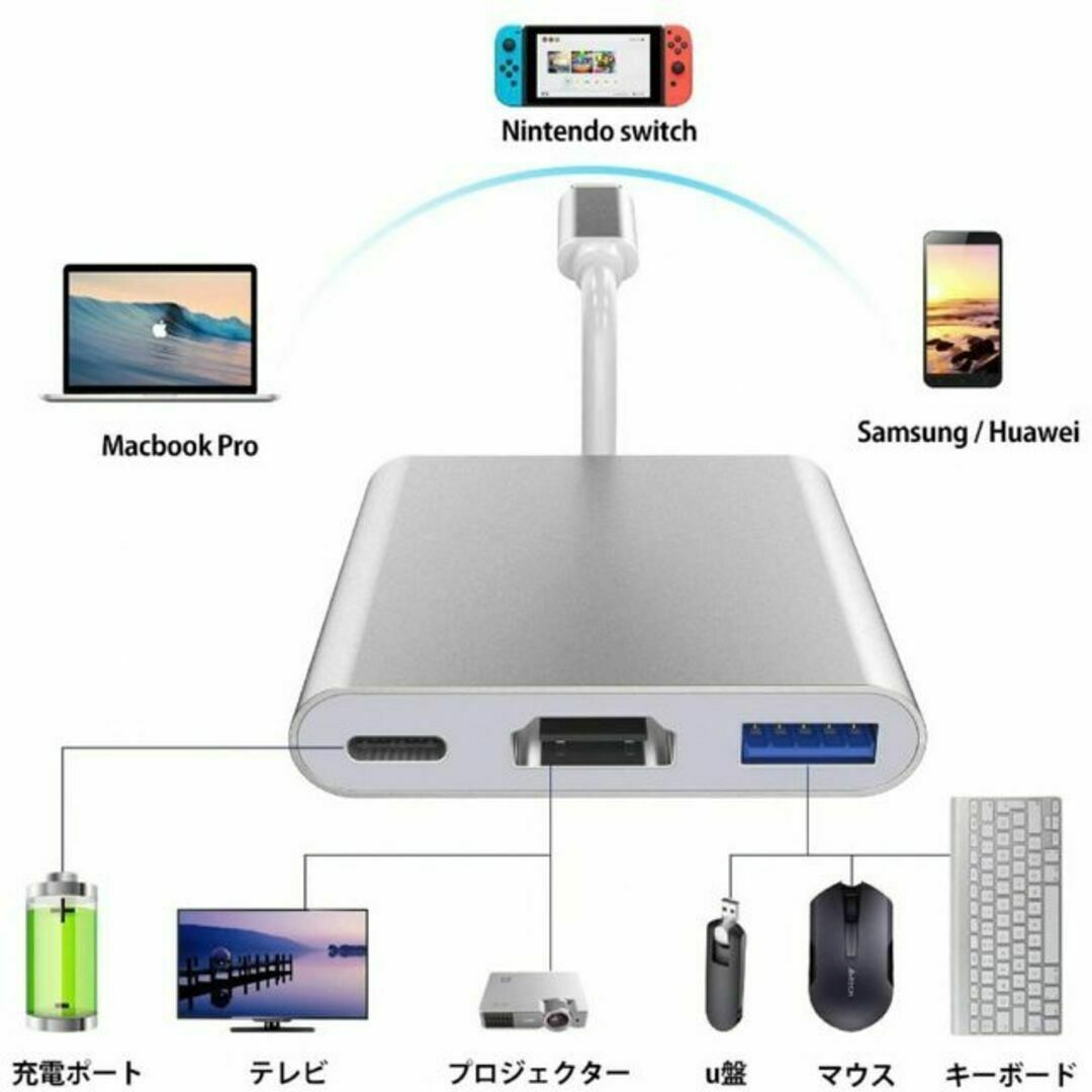 3点 タイプC アダプタ HDMI ケーブル 3m iPhone15 テレビ接続 スマホ/家電/カメラのテレビ/映像機器(映像用ケーブル)の商品写真