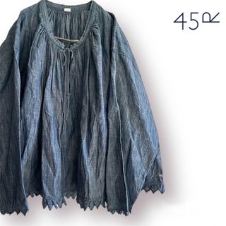 フォーティファイブアール(45R)の【美品】45R コットンリネンのギャザーブラウス インディゴ トップス 刺繍(シャツ/ブラウス(長袖/七分))