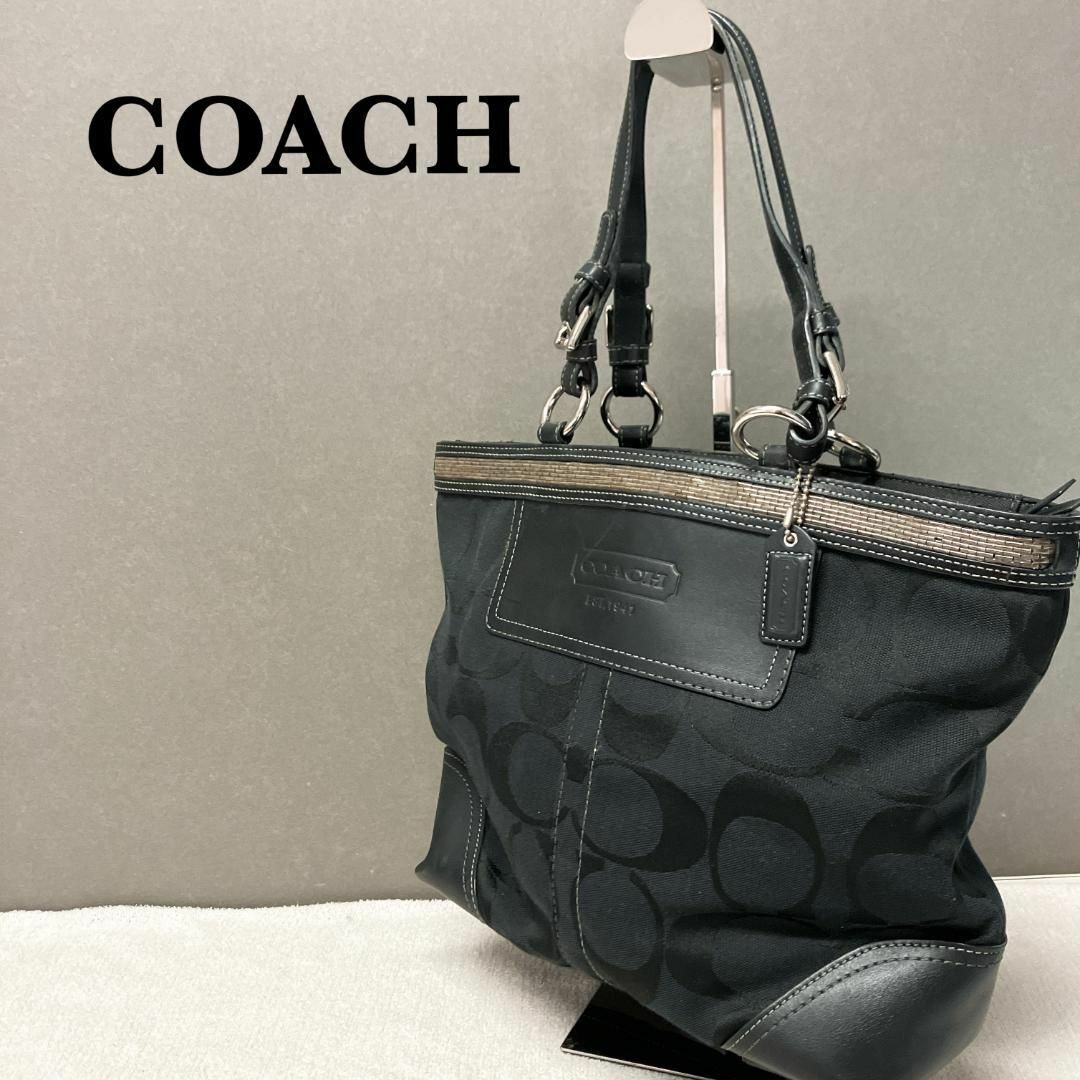 COACH(コーチ)のレア✨COACH コーチハンドバッグトートバッグブラック黒シグネチャー総柄 レディースのバッグ(トートバッグ)の商品写真