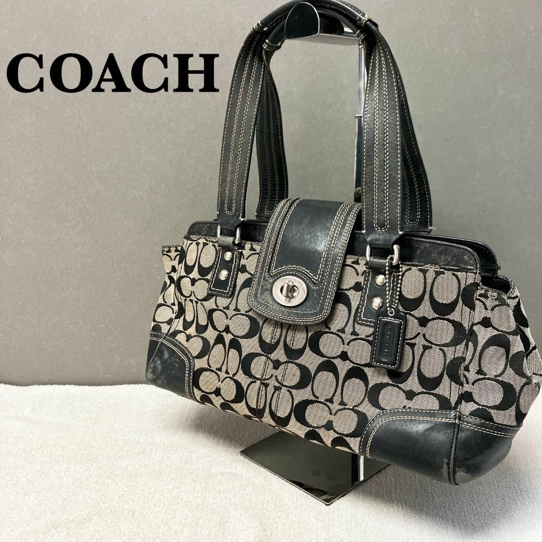 COACH(コーチ)の美品✨COACH コーチハンドバッグトートバッグブラック黒シグネチャー総柄 レディースのバッグ(トートバッグ)の商品写真