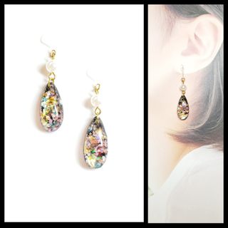 No.1318-E　ホログラム☆ブラック☆ピアス・イヤリング(ピンク)(ピアス)