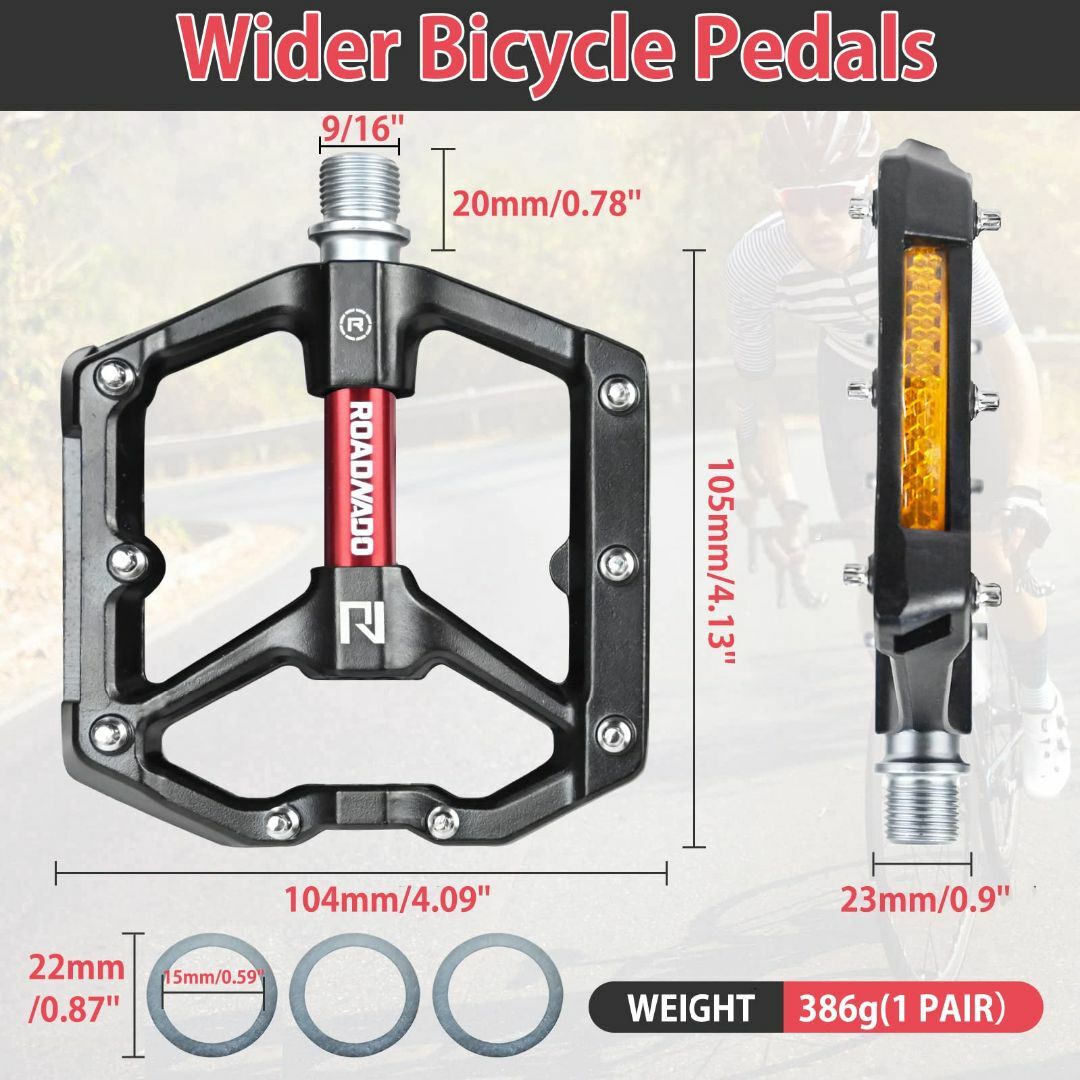 【色:ブラック-レッド】ROADNADO フラットペダル 自転車ペダル 9/16 スポーツ/アウトドアの自転車(パーツ)の商品写真