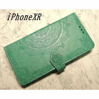 手帳型 iPhoneXR 用 ケース 浮彫曼荼羅 グリーン 薄緑(iPhoneケース)