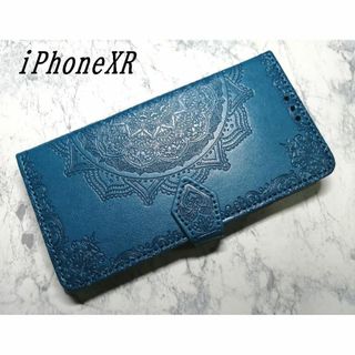 iPhoneXR 用 スマホケース 手帳型 浮彫曼荼羅 ブルー 青色(iPhoneケース)