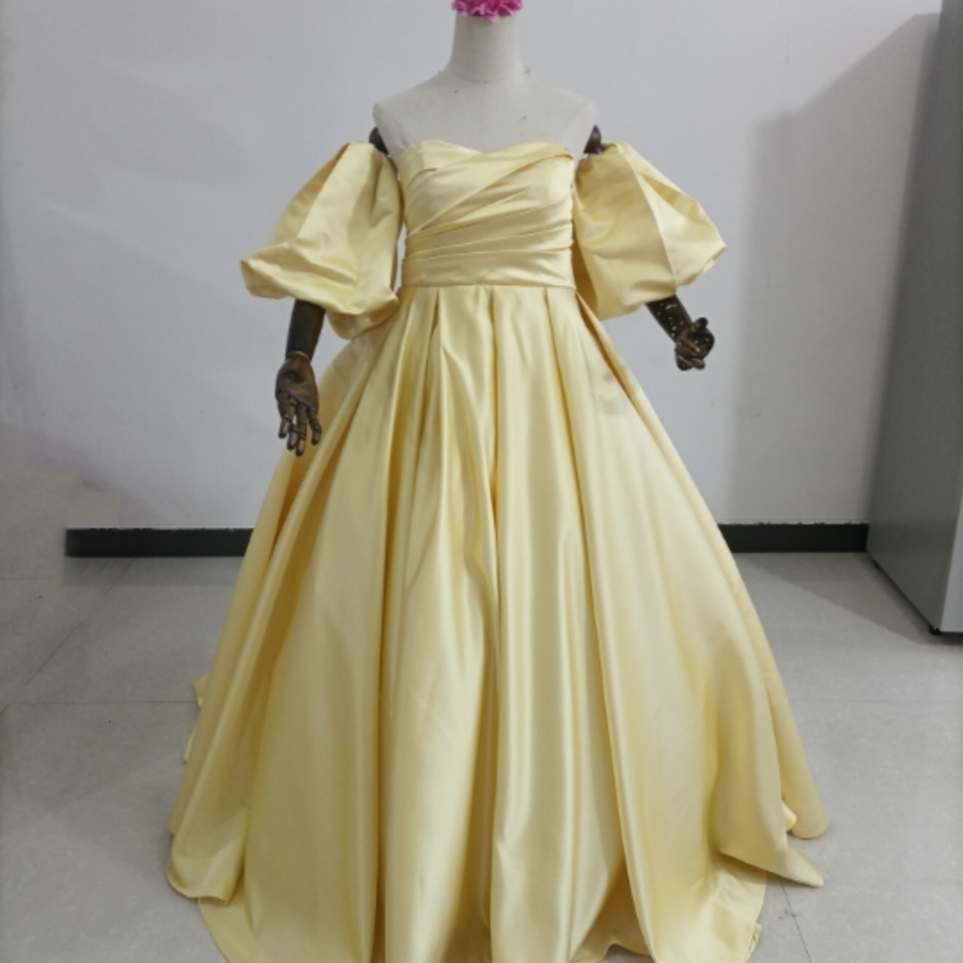 イエロー カラードレス ベアトップ 取り外し袖 プリンセスライン 妊婦 二次会