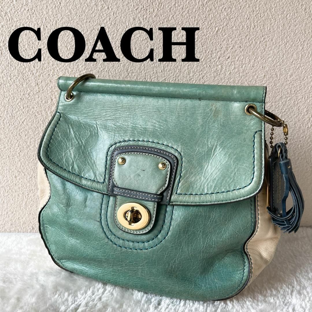 美品✨COACH コーチショルダーバッグハンドバッググリーン緑ターンロック