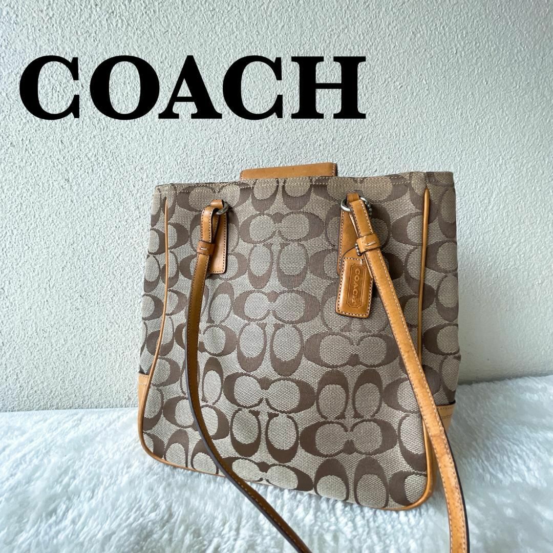 COACH(コーチ)の美品✨COACHコーチセミショルダーバッグトートバッグシグネチャー総柄ブラウン茶 レディースのバッグ(ショルダーバッグ)の商品写真