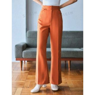 シーイン(SHEIN)のFRIFUL 腰ポケット 無地柄 パンツ フレア ボトム オレンジ  XL(カジュアルパンツ)