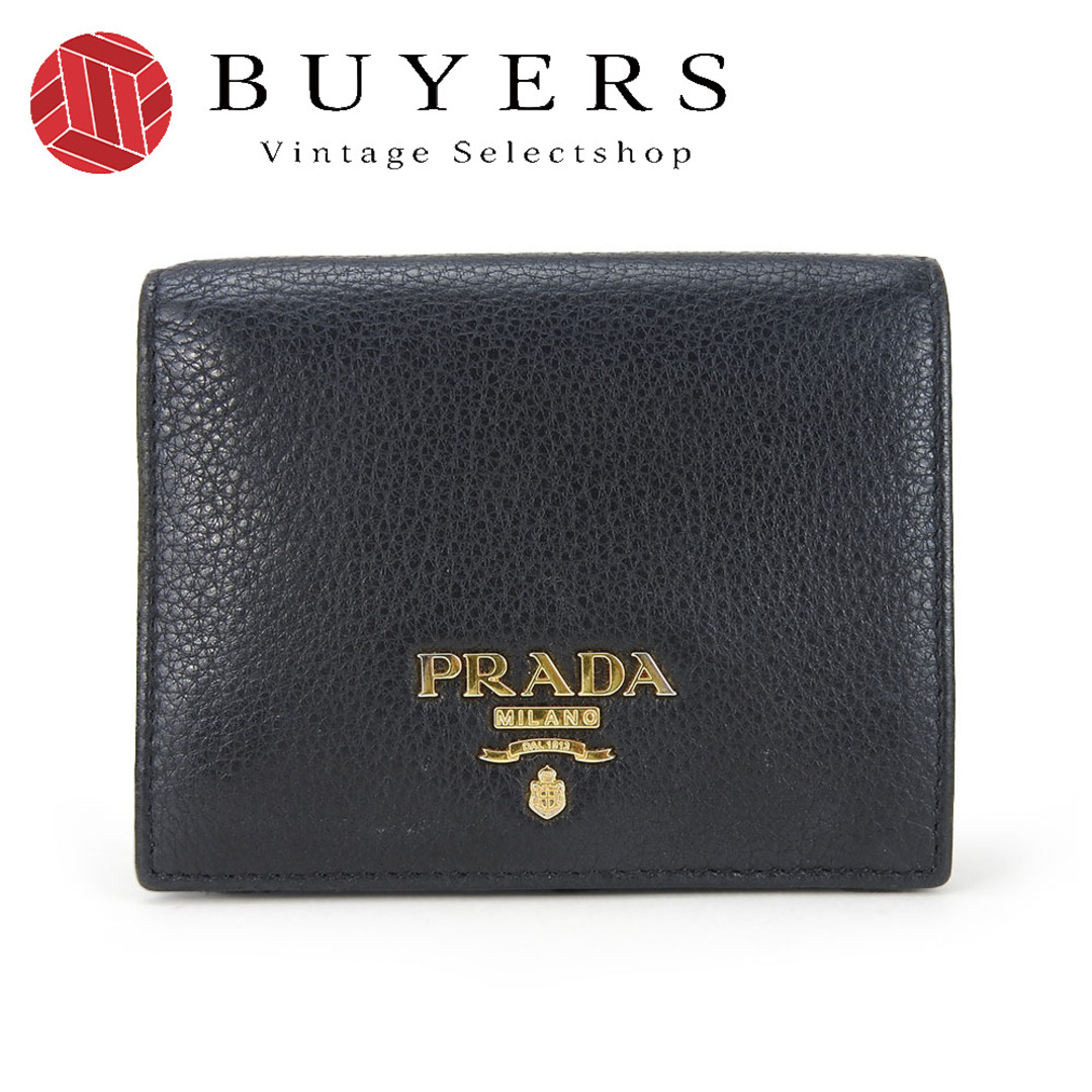 PRADA(プラダ)の【中古】 プラダ 二つ折り財布 レザー ブラック ゴールド金具 コンパクト 普段使い 小物 レディース 女性 PRADA レディースのファッション小物(財布)の商品写真