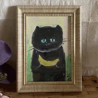 絵画。原画手描【黒猫が月を抱いて心の願いを訴える】(絵画/タペストリー)
