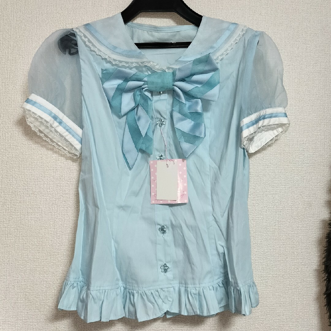 Angelic Pretty(アンジェリックプリティー)のレア　シャーベットマリン　ブラウス　サックス　未使用🐬 レディースのトップス(シャツ/ブラウス(半袖/袖なし))の商品写真