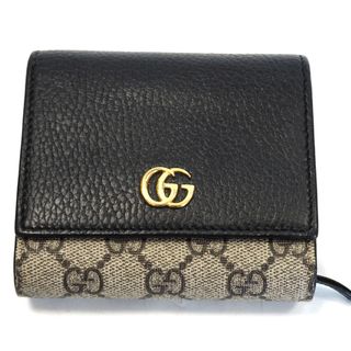 グッチ(Gucci)のTh547001 グッチ GGマーモント GGスプリーム ミディアム ウォレット 598587 ブラック×ベージュ系 二つ折りコンパクト財布 GUCCI 良好・中古(財布)