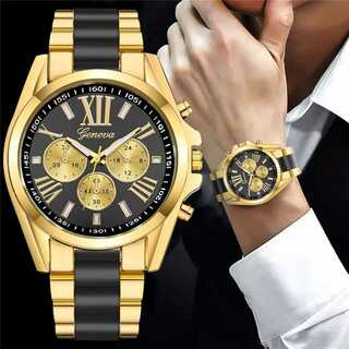メンズ腕時計 ゴールドブラック アナログ クォーツ３針 ステンレスバンド(腕時計)