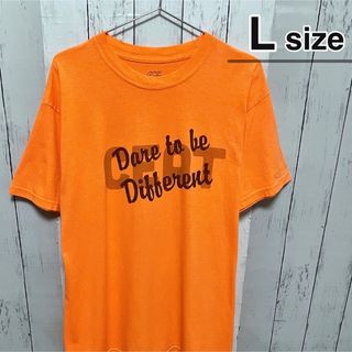 USA古着　Tシャツ　L　オレンジ　プリント　ロゴ　クルーネック　コットンポリ(Tシャツ/カットソー(半袖/袖なし))