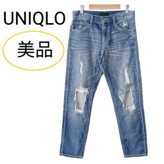 ユニクロ(UNIQLO)の美品 ユニクロ スリム ボーイフレンド ダメージ デニム ライトブルー 23(デニム/ジーンズ)