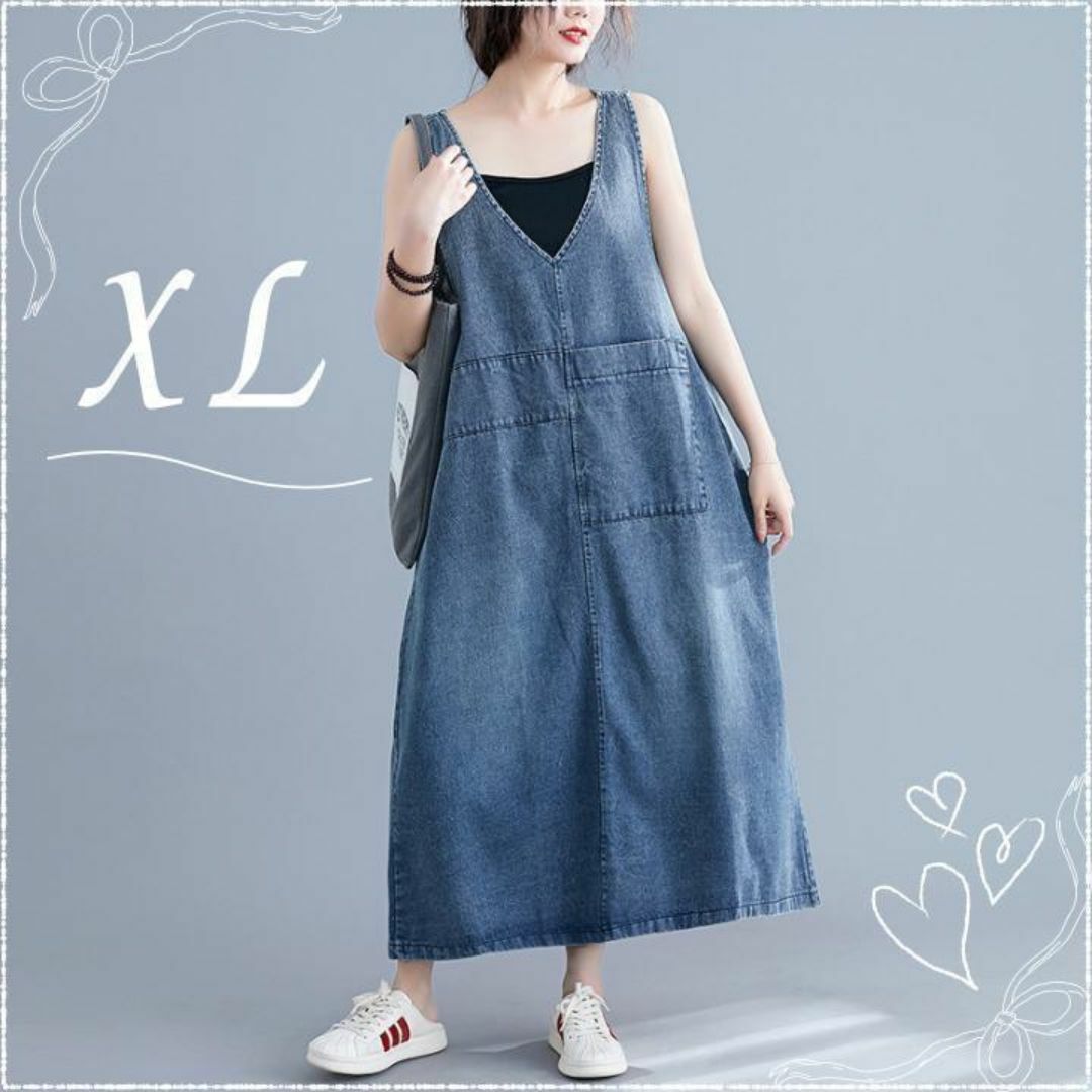 15 デニムワンピース ゆったり 大きい かわいい フレア ロング ブルー XL レディースのワンピース(ロングワンピース/マキシワンピース)の商品写真