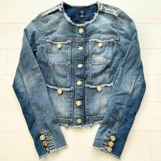 ゲス(GUESS)のGUESS ゲス ノーカラー ダメージデニムジャケット 金ボタン ストレッチ(Gジャン/デニムジャケット)