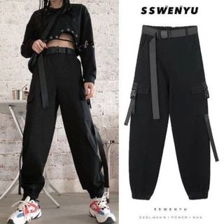 【限定再入荷♪】L　黒　韓国　オーバーサイズ　レディース　ストリートパンツ(ワークパンツ/カーゴパンツ)