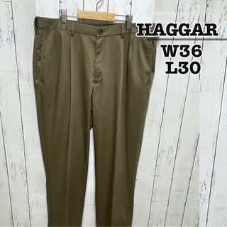 USA古着　HAGGAR　スラックス　パンツ　2タック　カーキグリーン　W36(スラックス)