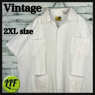 ヴィンテージ 刺繍デザイン 4ポケット 半袖キューバシャツ ホワイト XXL(シャツ)