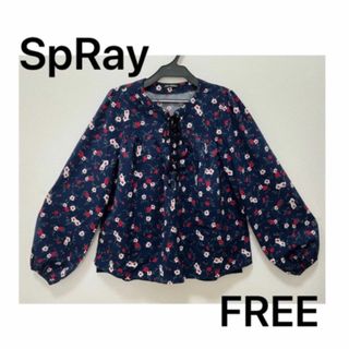 Spray 花柄ブラウス フラワー 長袖 バルーンスリーブ 紺レトロレディース (シャツ/ブラウス(長袖/七分))