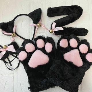 コスプレ ねこアイテム4点セット 萌え カチューシャ 首輪 もこふわ肉球 しっぽ(小道具)