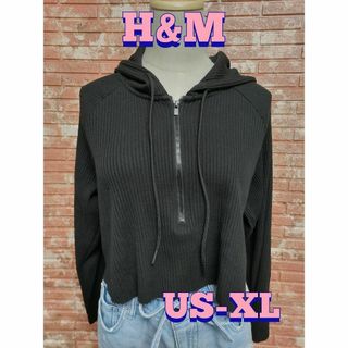 H&M ショート丈 リブニット ハーフジップパーカー 黒 US-XL