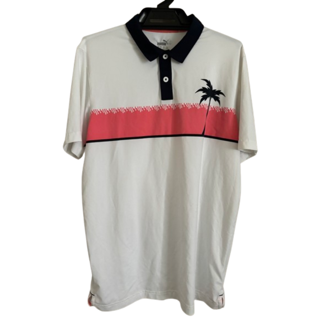 PUMA(プーマ)の最終値下げ PUMA プーマ 古着 メンズ ゴルフウェア ポロシャツ 白 ピンク スポーツ/アウトドアのゴルフ(ウエア)の商品写真