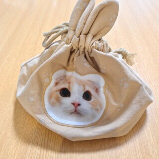 もちまる日記　巾着　はなまる　ベージュ　ポーチ　ビッグフェイス　猫　ねこ　ネコ(ポーチ)