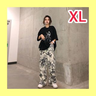 パンツ ストレート XL レディース ゆったり 水墨画風(その他)