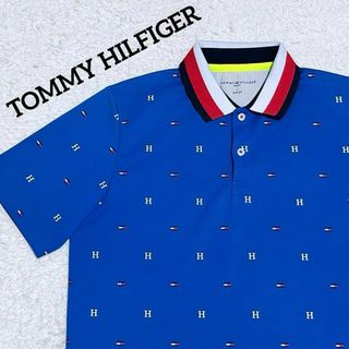 トミーヒルフィガー(TOMMY HILFIGER)の美品✨TOMMY HILFIGER　トミーヒルフィガー　総柄ポロシャツ　青　L(ポロシャツ)