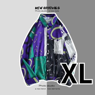 限定価格　ストリート　柄シャツ　柄MIX 幾何柄　黒　ダンサー　韓国　古着風　紫