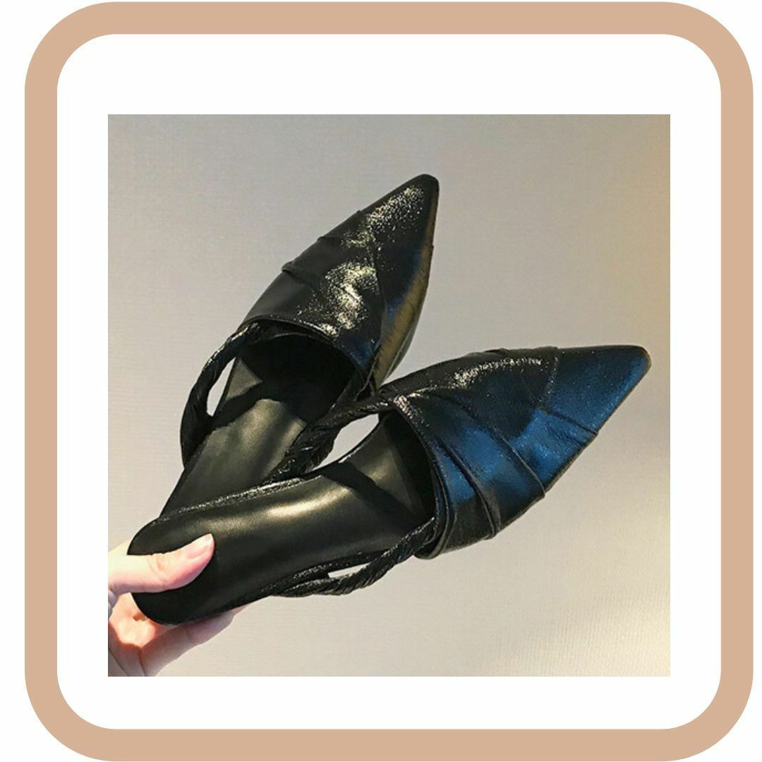 ポインテッドトゥサンダル ツイストデザイン ヒール 黒38 クロスミュール レディースの靴/シューズ(ミュール)の商品写真