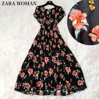 ザラ(ZARA)の３ ザラウーマン ボタニカル柄ロングワンピース 花柄 フレア ウエストリボン S(ロングワンピース/マキシワンピース)