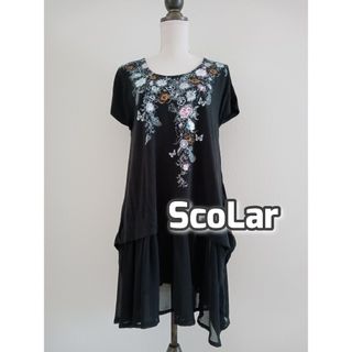 ScoLar - ScoLar　ひざ上丈　シフォン切替えワンピース　チュニック　黒　花柄