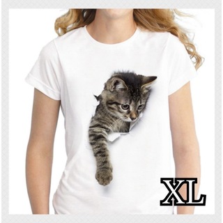 ねこ Tシャツ 3Dシャツ トリックアート キュート XL ホワイト(Tシャツ(半袖/袖なし))